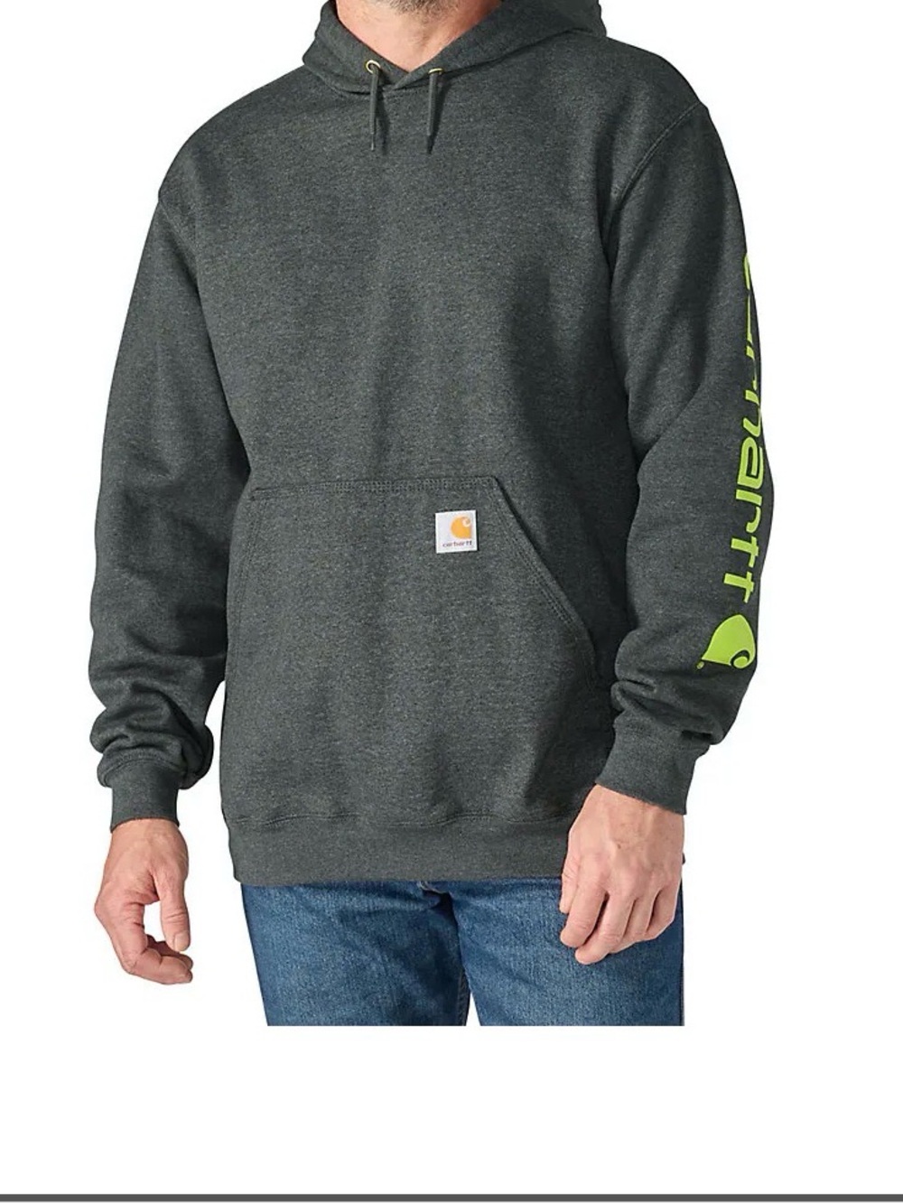 Carhartt Dark Gray Hoodie with Neon Green Sleeve Logo